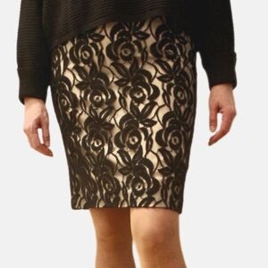 Ann Taylor cotton wool black cream floral lace overlay pencil bodycon skirt 0